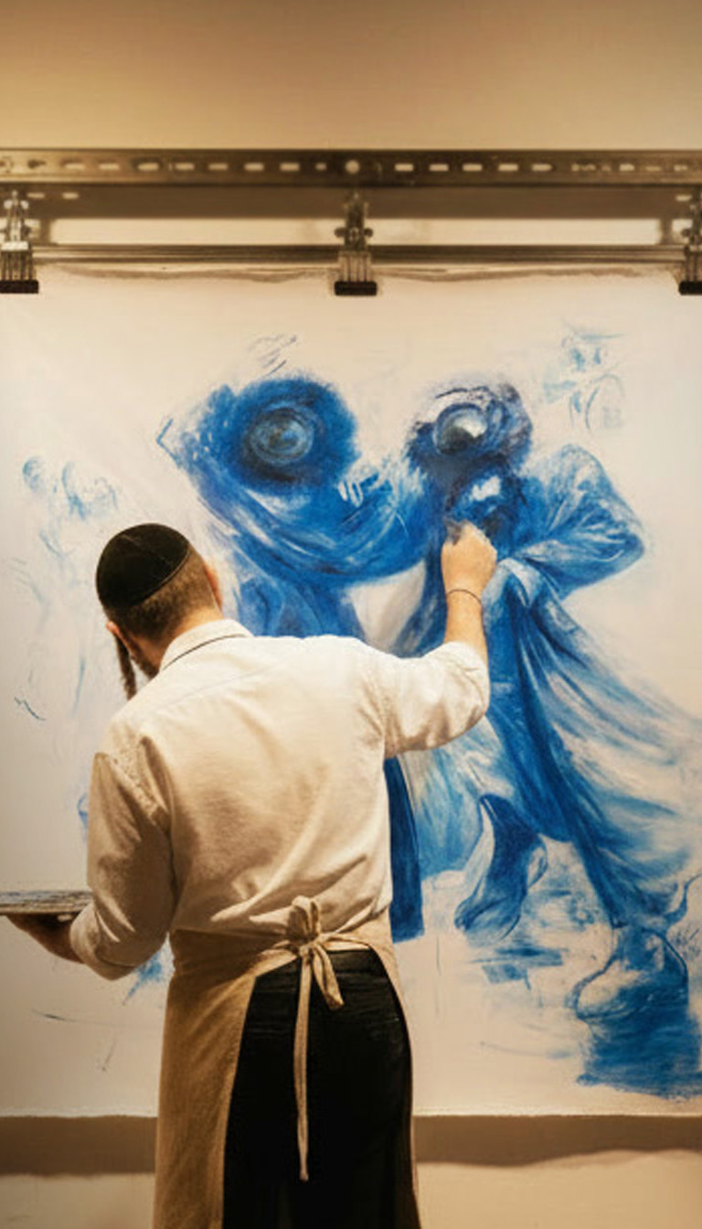 Aaron Kraus working on Mixed Media of Huvy Elisha